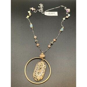 J JILL Dalmation Jasper Stone Pendant Two Tone 31" Long Necklace Beads NEW